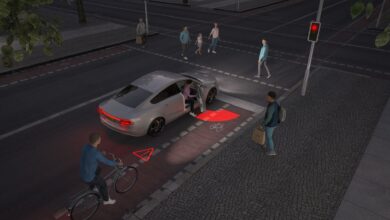 Copyright: Continental / BU: Verbesserte Sicherheit in unmittelbarer Nähe eines Fahrzeugs: Laserstrahl-Scans (LBS) ermöglichen Anwendungen wie die Projektion eines seitlichen Lichtteppichs.