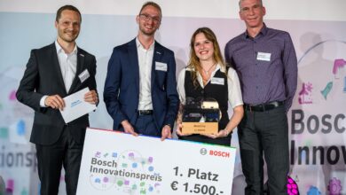 Copyright: Bosch/Gregor Nesvadba / BU: Verleihung des Bosch Innovationspreises 2025 in der Kategorie "Mobility": Juror Martin Riester (Centerleiter der Fraunhofer Austria Research GmbH) und Dominic Rauter (ASFINAG) mit der Gewinnerin Alina Nessel (HTL Klagenfurt Mössingerstraße) sowie Bernhard Grün (Robert Bosch AG) (v.l.)
