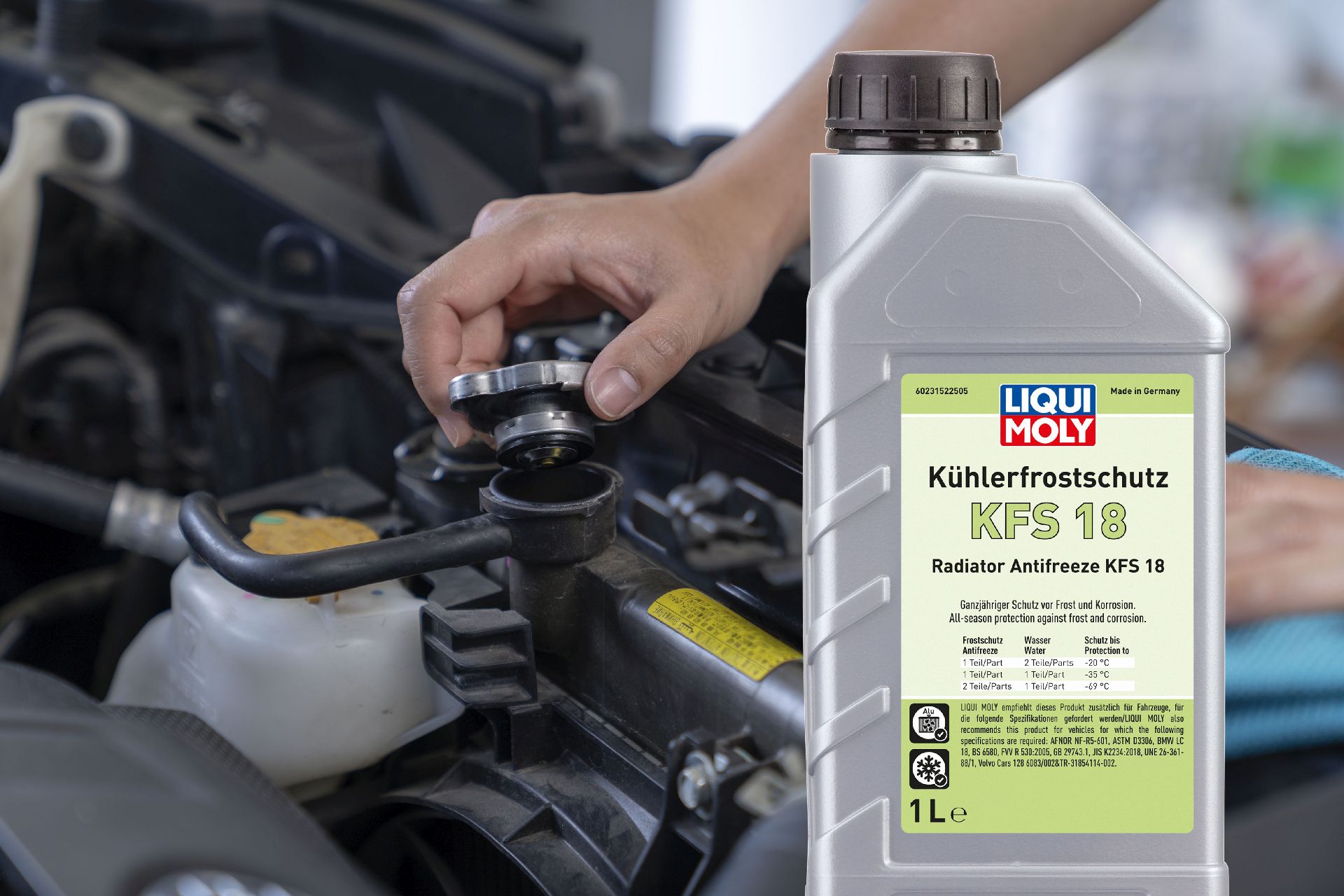 Copyright: Liqui Moly / BU: KFS 18 kann in Kühlsysteme von Diesel-, Benzin- und Hybridaggregaten gefüllt werden und ist auch für E-Autos geeignet.